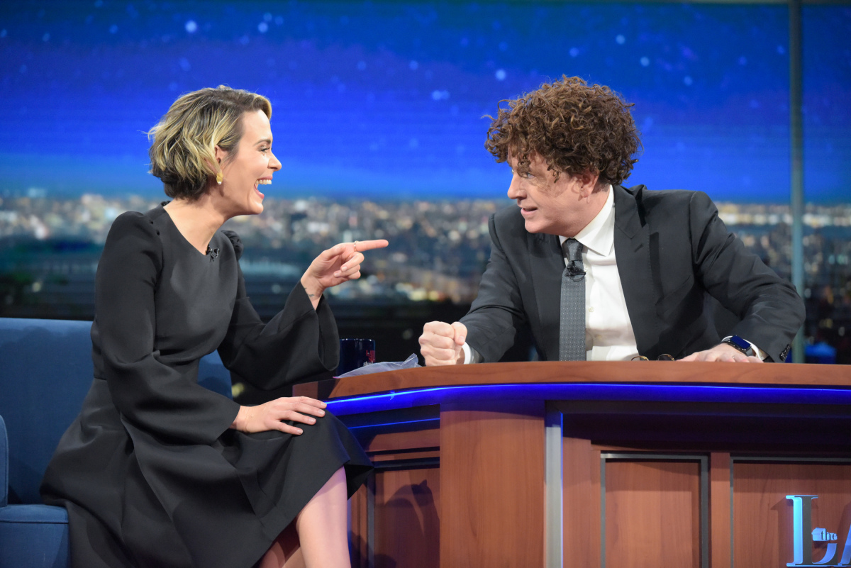 The Late Show with Stephen Colbert and guest Sarah Paulson during Monday's 01/16/17 show in New York. Photo: Scott Kowalchyk/CBS ÃÂ©2016CBS Broadcasting Inc. All Rights Reserved.