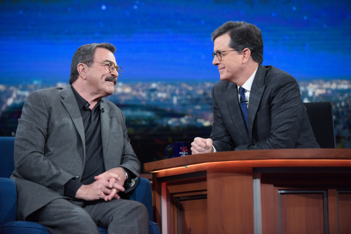 The Late Show with Stephen Colbert and guest Tom Selleck during Thursday's 01/12/16 show in New York. Photo: Scott Kowalchyk/CBS ÃÂ©2016CBS Broadcasting Inc. All Rights Reserved.