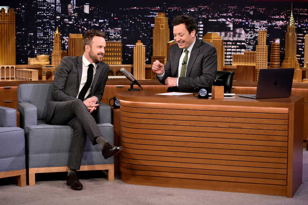 THE TONIGHT SHOW STARRING JIMMY FALLON -- Episode 0632 -- Pictured: (l-r) Actor Aaron Paul during an interview with host Jimmy Fallon on February 27, 2017 -- (Photo by: Theo Wargo/NBC)