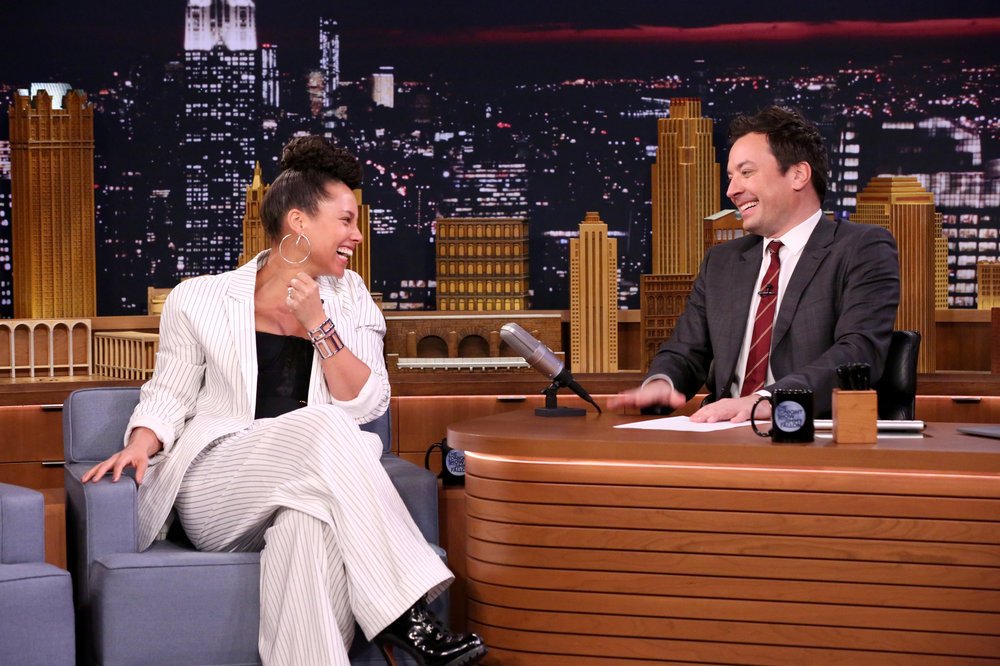 THE TONIGHT SHOW STARRING JIMMY FALLON -- Episode 0633 -- Pictured: (l-r) Singer Alicia Keys during an interview with host Jimmy Fallon on February 28, 2017 -- (Photo by: Andrew Lipovsky/NBC)