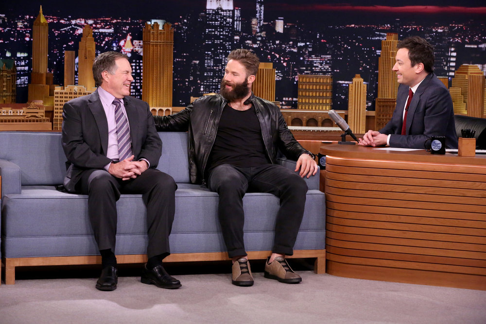 THE TONIGHT SHOW STARRING JIMMY FALLON -- Episode 0618 -- Pictured: (l-r) Superbowl champions Bill Belichick and Julian Edelman during an interview with host Jimmy Fallon on February 6, 2017 -- (Photo by: Andrew Lipovsky/NBC)