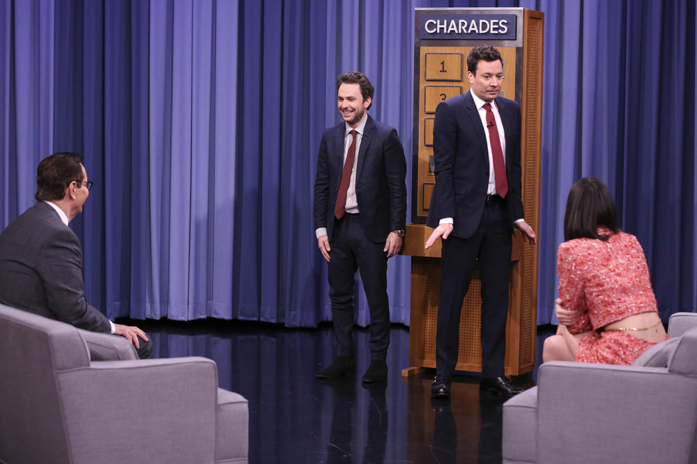 THE TONIGHT SHOW STARRING JIMMY FALLON -- Episode 0624 -- Pictured: (l-r) Announcer Steve Higgins, actor Charlie Day, host Jimmy Fallon, and model Kendall Jenner play Charades on February 14, 2017 -- (Photo by: Andrew Lipovsky/NBC)