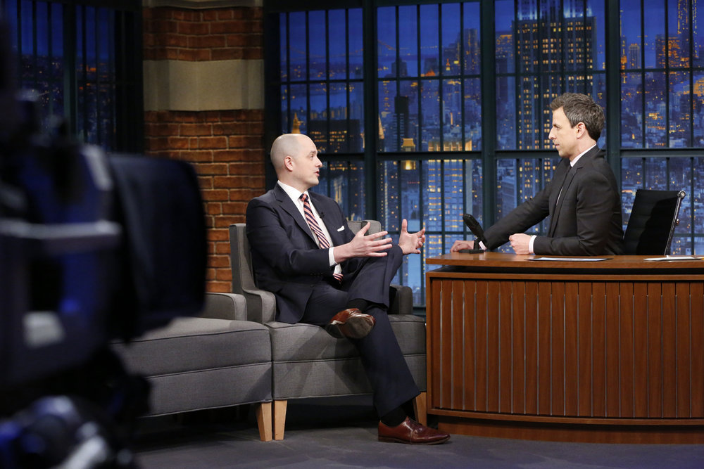 LATE NIGHT WITH SETH MEYERS -- Episode 489 -- Pictured: (l-r) Former CIA operations officer Evan McMullin during an interview with host Seth Meyers on February 14, 2017 -- (Photo by: Lloyd Bishop/NBC)
