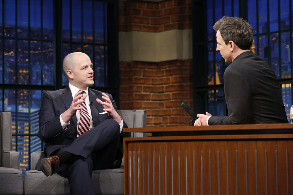 LATE NIGHT WITH SETH MEYERS -- Episode 489 -- Pictured: (l-r) Former CIA operations officer Evan McMullin during an interview with host Seth Meyers on February 14, 2017 -- (Photo by: Lloyd Bishop/NBC)