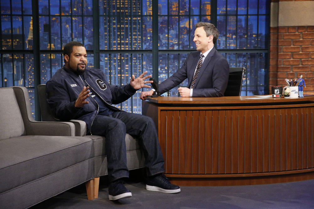 LATE NIGHT WITH SETH MEYERS -- Episode 486 -- Pictured: (l-r) Actor Ice Cube during an interview with host Seth Meyers on February 8, 2017 -- (Photo by: Lloyd Bishop/NBC)