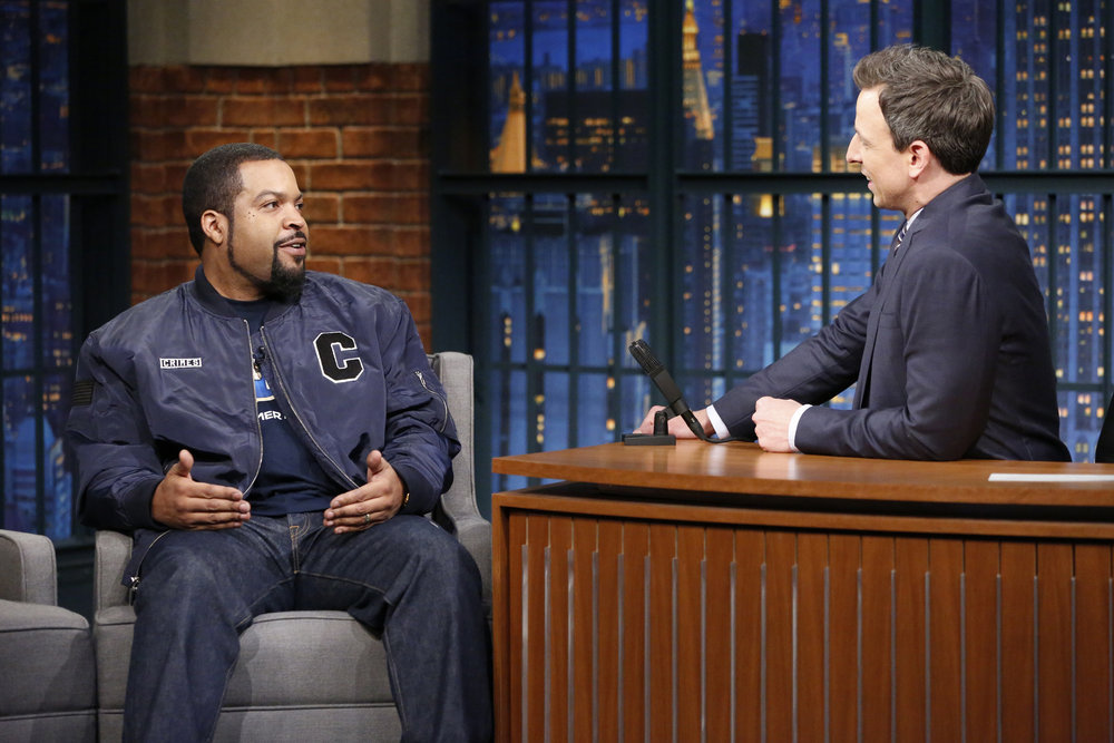 LATE NIGHT WITH SETH MEYERS -- Episode 486 -- Pictured: (l-r) Actor Ice Cube during an interview with host Seth Meyers on February 8, 2017 -- (Photo by: Lloyd Bishop/NBC)