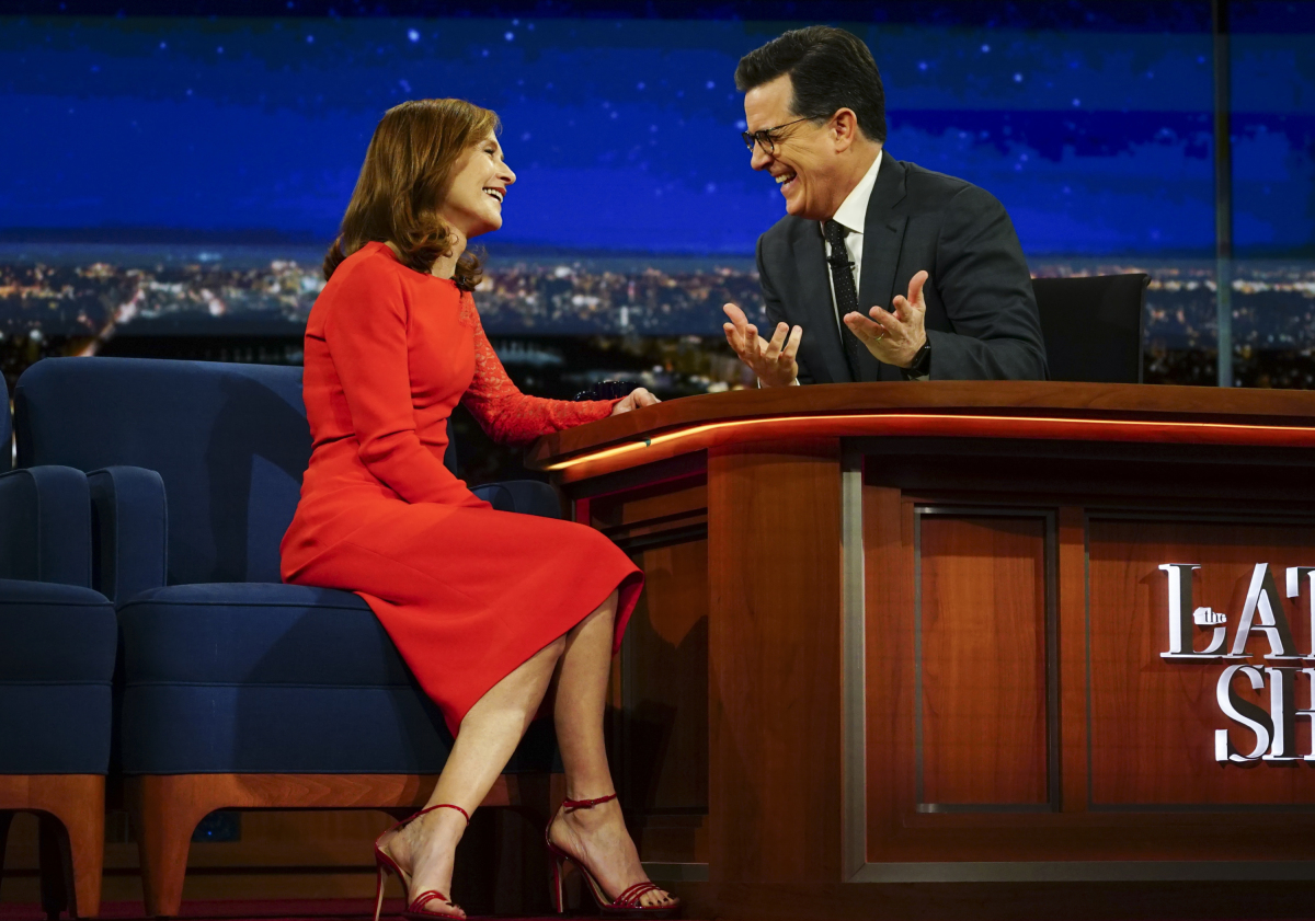 The Late Show with Stephen Colbert airing Tuesday, Feb. 7, 2017 with John Oliver, Actress Isabelle Huppert, musical performance by The Avett Brothers. Pictured left to right: Isabelle Huppert and Stephen Colbert. Photo: Michele Crowe/CBS ©2016CBS Broadcasting Inc. All Rights Reserved