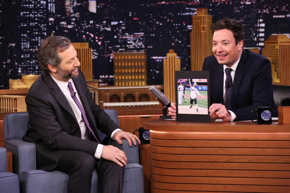 THE TONIGHT SHOW STARRING JIMMY FALLON -- Episode 0615 -- Pictured: (l-r) Producer Judd Apatow during an interview with host Jimmy Fallon on February 1, 2017 -- (Photo by: Andrew Lipovsky/NBC)