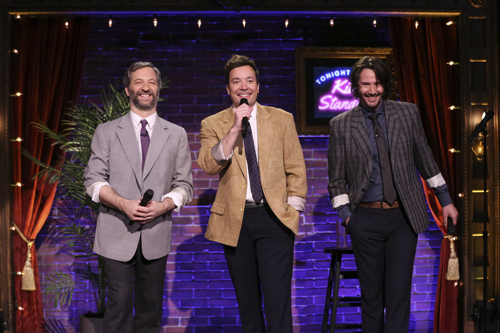 THE TONIGHT SHOW STARRING JIMMY FALLON -- Episode 0615 -- Pictured: (l-r) Producer Judd Apatow, host Jimmy Fallon, and actor Keanu Reeves during Kid Stand-Up on February 1, 2017 -- (Photo by: Andrew Lipovsky/NBC)