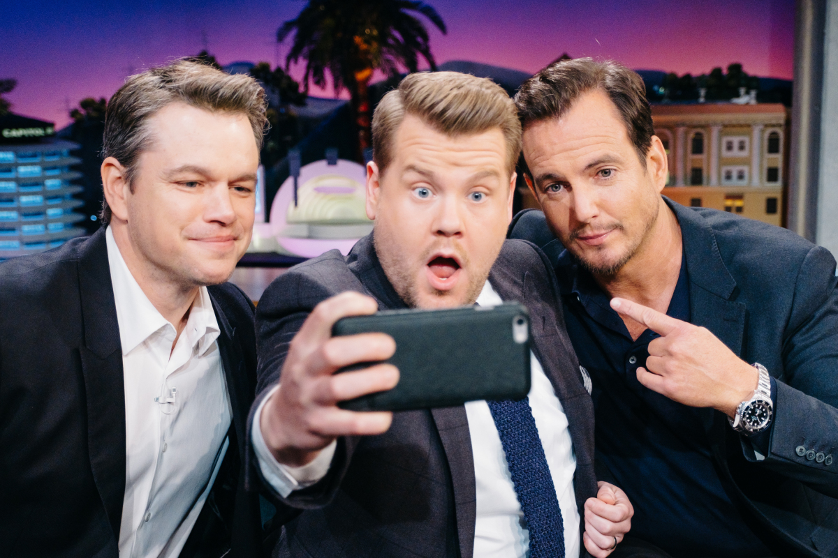 Matt Damon and Will Arnett chat with James Corden during "The Late Late Show with James Corden," Thursday, February 16, 2017 (12:35 PM-1:37 AM ET/PT) On The CBS Television Network. Photo: Terence Patrick/CBS ©2017 CBS Broadcasting, Inc. All Rights Reserved