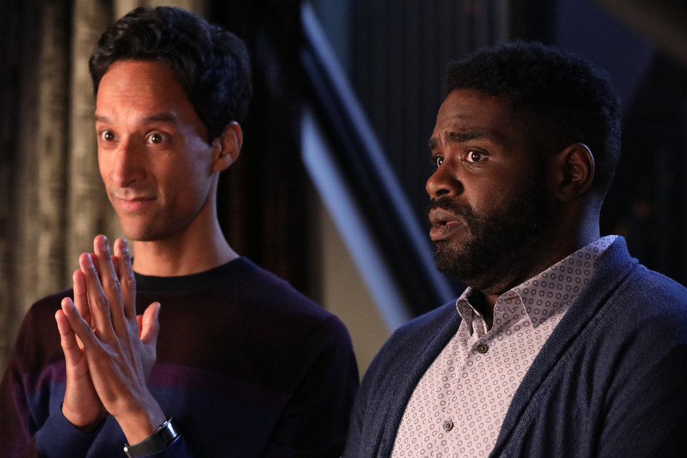 POWERLESS -- "Emily Dates A Henchman" Episode 107 -- Pictured: (l-r) Danny Pudi as Teddy, Ron Funches as Ron -- (Photo by: Evans Vestal Ward/NBC)