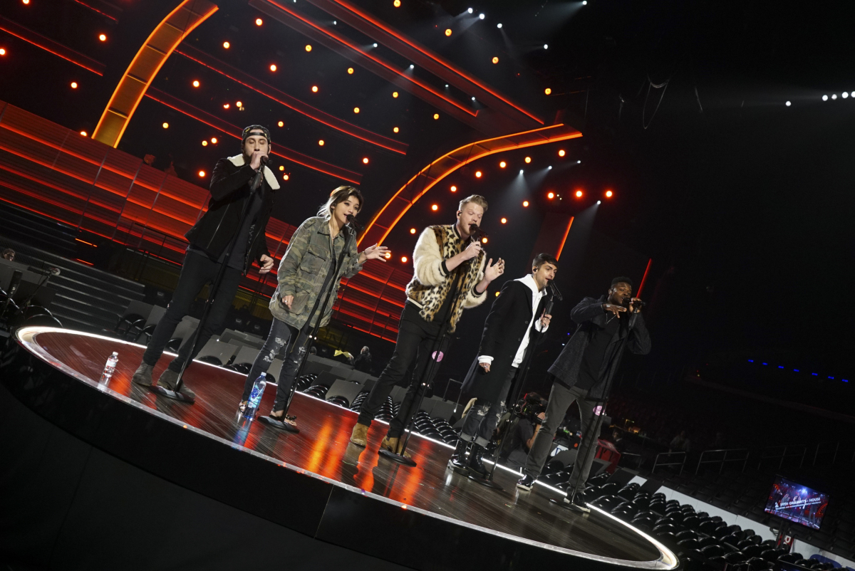 Pentatonix performs during rehearsals for THE 59TH ANNUAL GRAMMY AWARDS®, scheduled to broadcast live from the STAPLES Center in Los Angeles, Sunday, Feb. 12 (8:00-11:30 PM, live ET/5:00-8:30 PM, live PT; 6:00-9:30 PM, live MT) on the CBS Television Network. Photo: Monty Brinton/CBS ©2017 CBS Broadcasting, Inc. All Rights Reserved