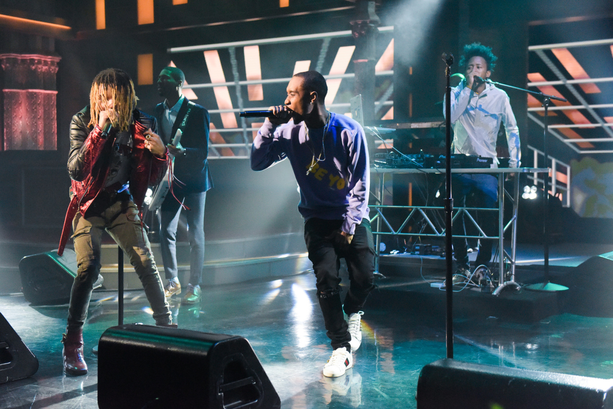 The Late Show with Stephen Colbert and guest Rae Sremmurd during Thursday's 2/9/17 show in New York. Photo: Scott Kowalchyk/CBS ©2016CBS Broadcasting Inc. All Rights Reserved.