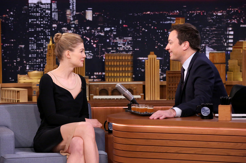 THE TONIGHT SHOW STARRING JIMMY FALLON -- Episode 0619 -- Pictured: (l-r) Actress Rosamund Pike during an interview with host Jimmy Fallon on February 7, 2017 -- (Photo by: Andrew Lipovsky/NBC)