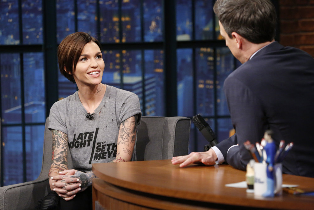 LATE NIGHT WITH SETH MEYERS -- Episode 486 -- Pictured: (l-r) Actress Ruby Rose during an interview with Seth Meyers on February 8, 2017 -- (Photo by: Lloyd Bishop/NBC)