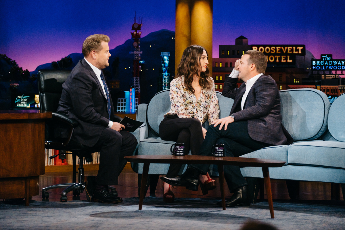 Sara Bareilles and Chris O'Donnell chat with James Corden during "The Late Late Show with James Corden," Monday, February 27, 2017 (12:35 PM-1:37 AM ET/PT) On The CBS Television Network. Photo: Terence Patrick/CBS ©2017 CBS Broadcasting, Inc. All Rights Reserved