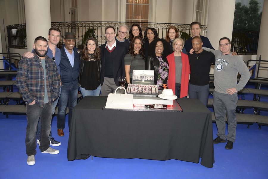SCANDAL – ABC Executives along with the Executive Producers and Cast of Scandal celebrate the taping of the 100th episode on set. The episode will air later this season. (ABC/Eric McCandless) GUILLERMO DIAZ, SCOTT FOLEY, JOE MORTON, KATIE LOWES, PATRICK MORAN (PRESIDENT, ABC STUDIOS), JEFF PERRY, BELLAMY YOUNG, CHANNING DUNGEY (PRESIDENT, ABC ENTERTAINMENT), KERRY WASHINGTON, SHONDA RHIMES (CREATOR/EXECUTIVE PRODUCER), DARBY STANCHFIELD, BETSY BEERS (EXECUTIVE PRODUCER), TONY GOLDWYN, CORNELIUS SMITH, JR., JOSHUA MALINA