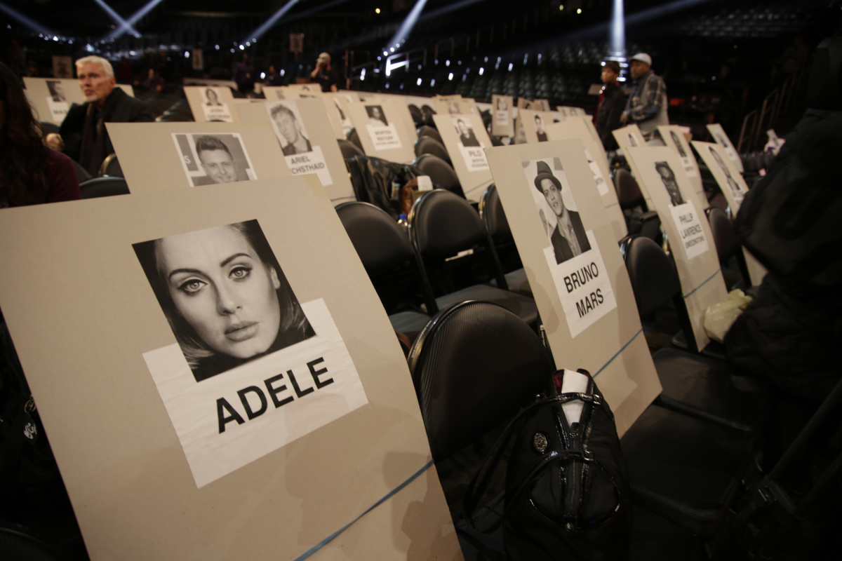 Seat cards are seen during rehearsals for THE 59TH ANNUAL GRAMMY AWARDS®, scheduled to broadcast live from the STAPLES Center in Los Angeles, Sunday, Feb. 12 (8:00-11:30 PM, live ET/5:00-8:30 PM, live PT; 6:00-9:30 PM, live MT) on the CBS Television Network. Photo: Francis Specker/CBS ©2017 CBS Broadcasting, Inc. All Rights Reserved