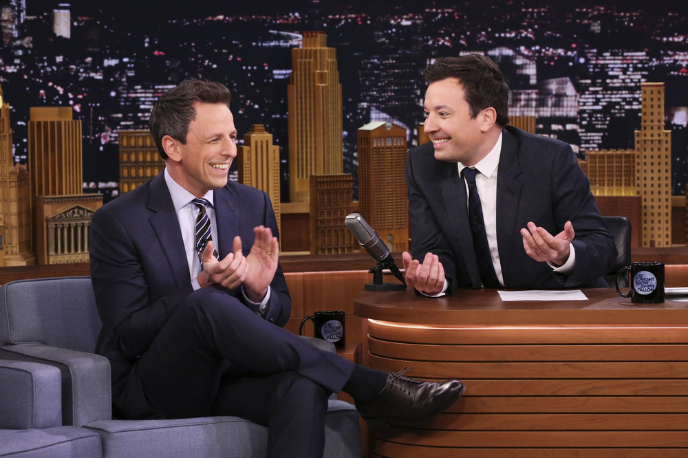 THE TONIGHT SHOW STARRING JIMMY FALLON -- Episode 0620 -- Pictured: (l-r) "Late Night" host Seth Meyers during an interview with host Jimmy Fallon on February 8, 2017 -- (Photo by: Andrew Lipovsky/NBC)
