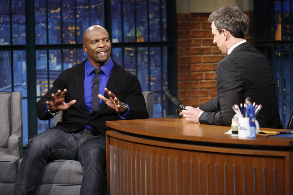LATE NIGHT WITH SETH MEYERS -- Episode 494 -- Pictured: (l-r) Actor Terry Crews during an interview with host Seth Meyers on February 22, 2017 -- (Photo by: Lloyd Bishop/NBC)