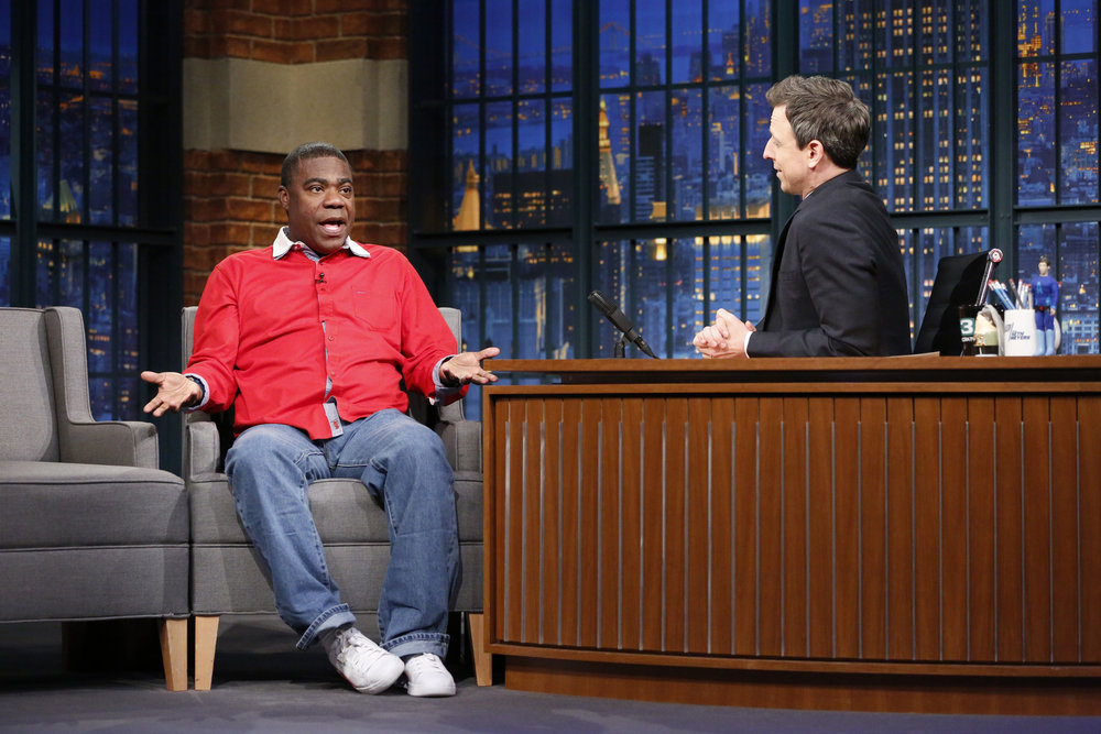LATE NIGHT WITH SETH MEYERS -- Episode 491 -- Pictured: (l-r) Comedian Tracy Morgan during an interview with host Seth Meyers on February 16, 2017 -- (Photo by: Lloyd Bishop/NBC)