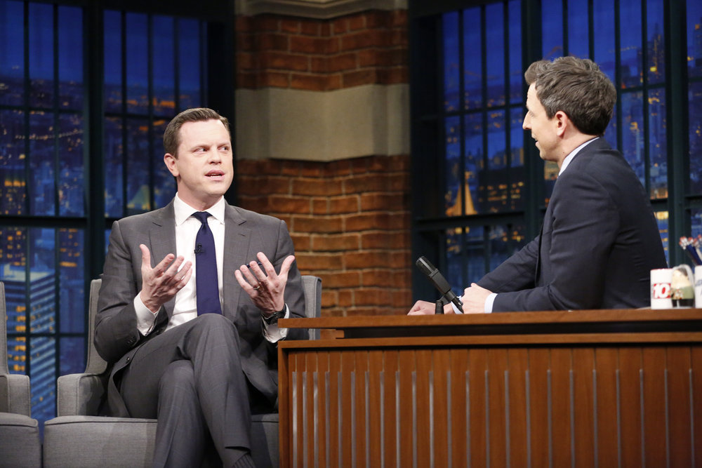 LATE NIGHT WITH SETH MEYERS -- Episode 482 -- Pictured: (l-r) Journalist Willie Geist during an interview with host Seth Meyers on February 1, 2017 -- (Photo by: Lloyd Bishop/NBC)