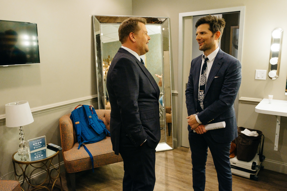 Adam Scott chats in the green room with James Corden during "The Late Late Show with James Corden," Thursday, March 30, 2017 (12:35 PM-1:37 AM ET/PT) On The CBS Television Network. Photo: Terence Patrick/CBS ©2017 CBS Broadcasting, Inc. All Rights Reserved