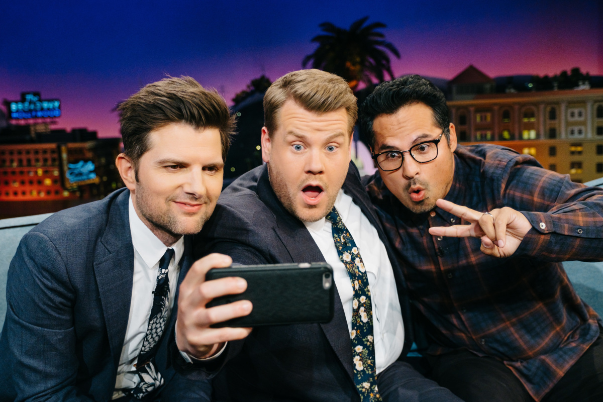 Adam Scott and Michael Pena chat with James Corden during "The Late Late Show with James Corden," Thursday, March 30, 2017 (12:35 PM-1:37 AM ET/PT) On The CBS Television Network. Photo: Terence Patrick/CBS ©2017 CBS Broadcasting, Inc. All Rights Reserved