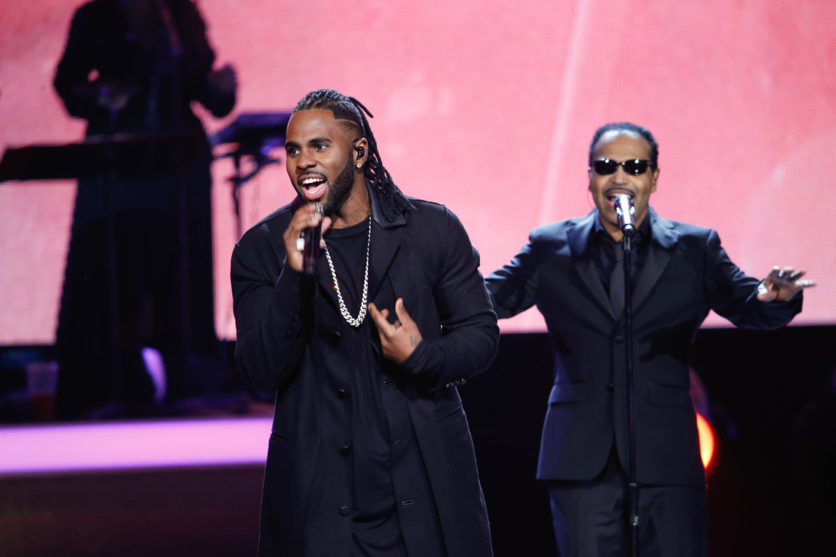 Music stars Andra Day, Celine Dion, DNCE, Nick Jonas, Tori Kelly, Little Big Town, Demi Lovato, Katharine McPhee, Panic! at the Disco, Pentatonix, Ed Sheeran, Keith Urban, Kelsea Ballerini & Thomas Rhett, Jason Derulo & Tavares, John Legend & Stevie Wonder and Barry Gibb celebrate the Bee Gees' remarkable music catalog on, "STAYIN' ALIVE: A GRAMMY® SALUTE TO THE MUSIC OF THE BEE GEES," Sunday, April, 16 (8:00-10:00 PM, ET/ PT) on the CBS Television Network. Pictured: Tavares and Jason Derulo Photo: Monty Brinton/CBS ©2017 CBS Broadcasting, Inc. All Rights Reserved