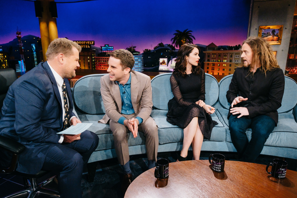 Ben Platt, Abigail Spencer, and Tim Minchin chat with James Corden during "The Late Late Show with James Corden," Monday, March 20, 2017 (12:35 PM-1:37 AM ET/PT) On The CBS Television Network. Photo: Terence Patrick/CBS ©2017 CBS Broadcasting, Inc. All Rights Reserved