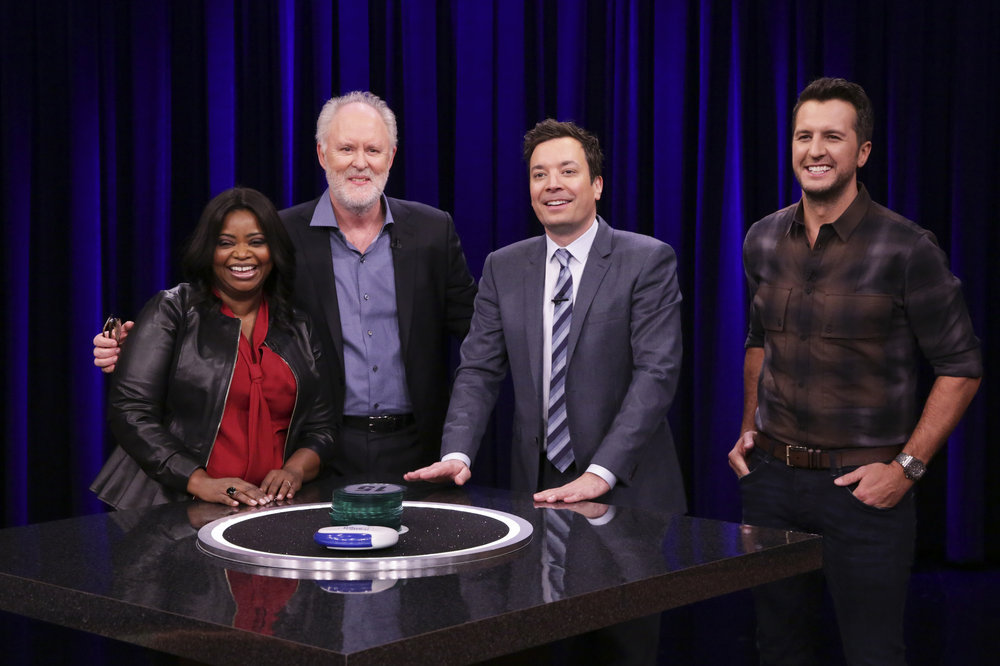 THE TONIGHT SHOW STARRING JIMMY FALLON -- Episode 0635 -- Pictured: (l-r) Actress Octavia Spencer, actor John Lithgow, host Jimmy Fallon, and musical guest Luke Bryan during "Catchphrase" on March 2, 2017 -- (Photo by: Andrew Lipovsky/NBC)