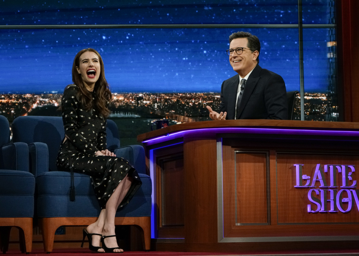 The Late Show with Stephen Colbert. Interviews with Emma Roberts and Ken Jeong, plus interview with and musical performance by Luke Bryan & Dierks Bentley, hosts of the 52nd Academy of Country Music Awards on CBS on Wednesday's taping, March 29th, 2017 in New York. Pictured left to right: Emma Roberts and Stephen Colbert. Photo: Michele Crowe/CBS ©2017 CBS Broadcasting Inc. All Rights Reserved