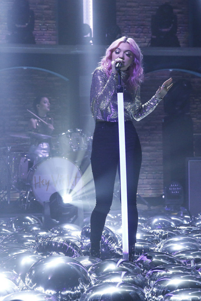 LATE NIGHT WITH SETH MEYERS -- Episode 505 -- Pictured: Rena Lovelis of musical guest Hey Violet performs on March 21, 2017 -- (Photo by: Lloyd Bishop/NBC)