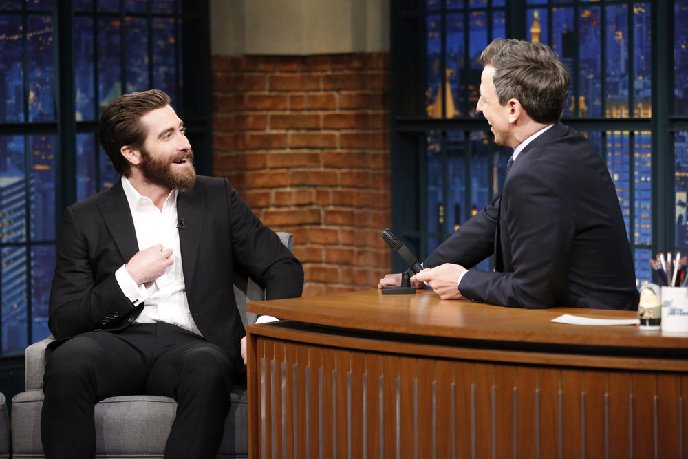 LATE NIGHT WITH SETH MEYERS -- Episode 507 -- Pictured: (l-r) Actor Jake Gyllenhaal during an interview with host Seth Meyers on March 23, 2017 -- (Photo by: Lloyd Bishop/NBC)
