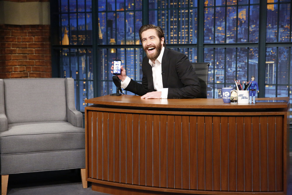 LATE NIGHT WITH SETH MEYERS -- Episode 507 -- Pictured: Actor Jake Gyllenhaal FaceTimes with actor Ryan Reynolds during a commerical break on March 23, 2017 -- (Photo by: Lloyd Bishop/NBC)