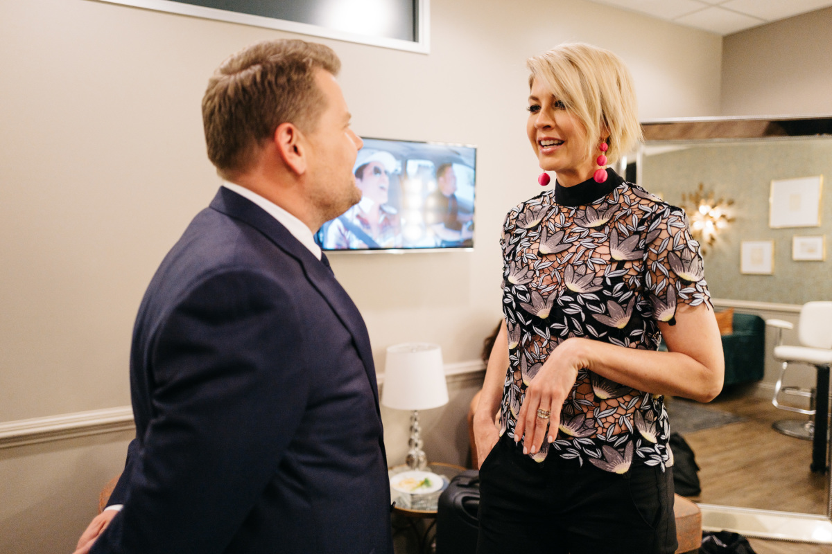 The Late Late Show with James Corden airing Thursday, March 23, 2017, with guests Jenna Elfman, Terrence Howard, and Nicole Scherzinger. Pictured: James Corden and Jenna Elfman. Photo: Terence Patrick/CBS ©2017 CBS Broadcasting, Inc. All Rights Reserved