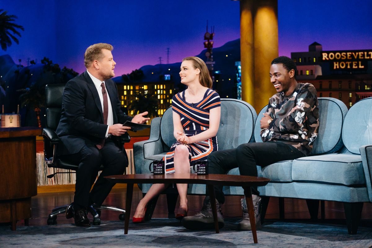 Gillian Jacobs and Jerrod Carmichael chat with James Corden during "The Late Late Show with James Corden," Tuesday, March 14, 2017 (12:35 PM-1:37 AM ET/PT) On The CBS Television Network. Photo: Terence Patrick/CBS ©2017 CBS Broadcasting, Inc. All Rights Reserved