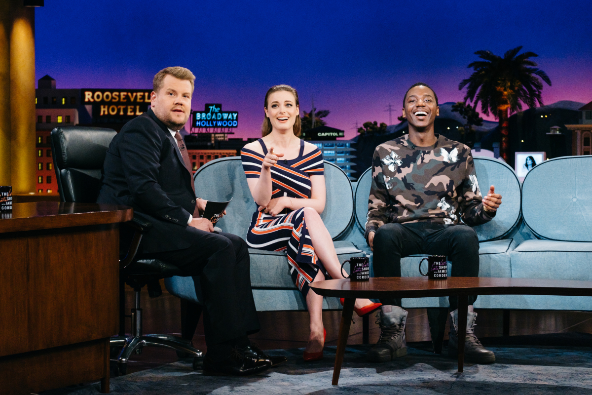 Gillian Jacobs and Jerrod Carmichael chat with James Corden during "The Late Late Show with James Corden," Tuesday, March 14, 2017 (12:35 PM-1:37 AM ET/PT) On The CBS Television Network. Photo: Terence Patrick/CBS ©2017 CBS Broadcasting, Inc. All Rights Reserved