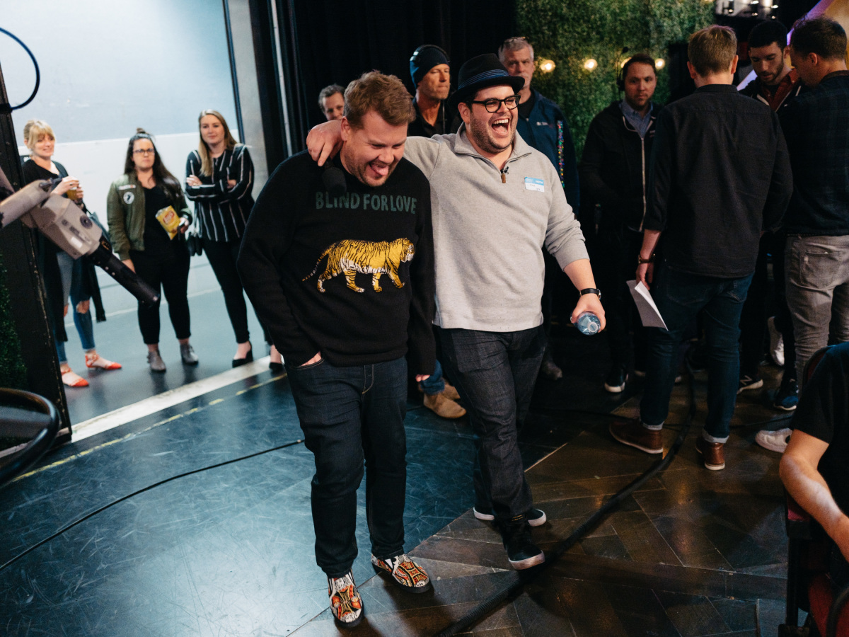 The Late Late Show with James Corden airing Wednesday, March 22, 2017, with guests Judy Greer, Josh Gad, and Maggie Rogers. Pictured: James Corden and Josh Gad. Photo: Terence Patrick/CBS ©2017 CBS Broadcasting, Inc. All Rights Reserved