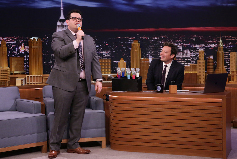THE TONIGHT SHOW STARRING JIMMY FALLON -- Episode 639 -- Pictured: (l-r) Actor Josh Gad and host Jimmy Fallon during the 'Box of Microphones' sketch on March 14, 2017 -- (Photo by: Andrew Lipovsky/NBC)