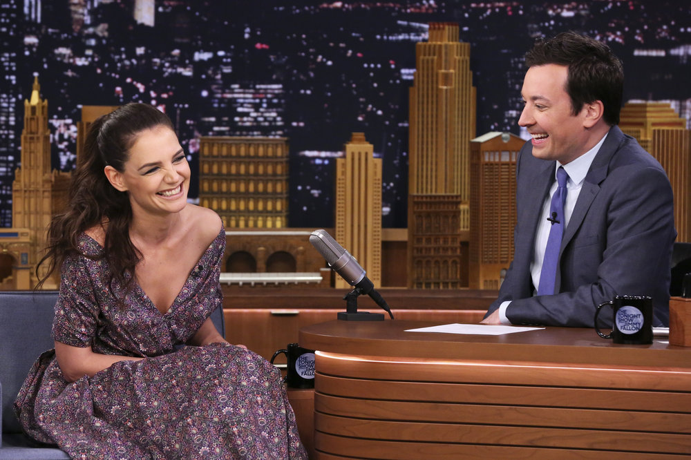 THE TONIGHT SHOW STARRING JIMMY FALLON -- Episode 0649 -- Pictured: (l-r) Actress Katie Holmes during an interview with host Jimmy Fallon on March 29, 2017 -- (Photo by: Andrew Lipovsky/NBC)