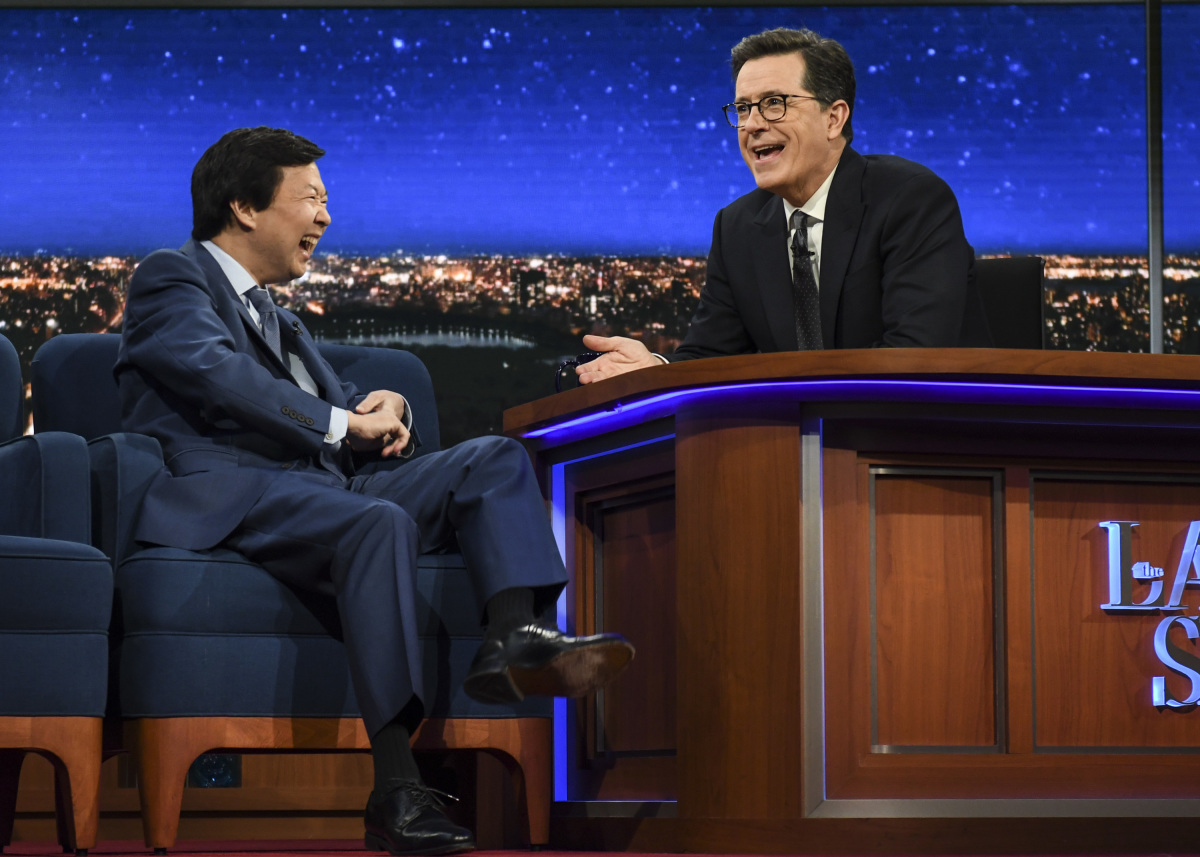 The Late Show with Stephen Colbert. Interviews with Emma Roberts and Ken Jeong, plus interview with and musical performance by Luke Bryan & Dierks Bentley, hosts of the 52nd Academy of Country Music Awards on CBS on Wednesday's taping, March 29th, 2017 in New York. Pictured left to right: Ken Jeong and Stephen Colbert. Photo: Michele Crowe/CBS ©2017 CBS Broadcasting Inc. All Rights Reserved