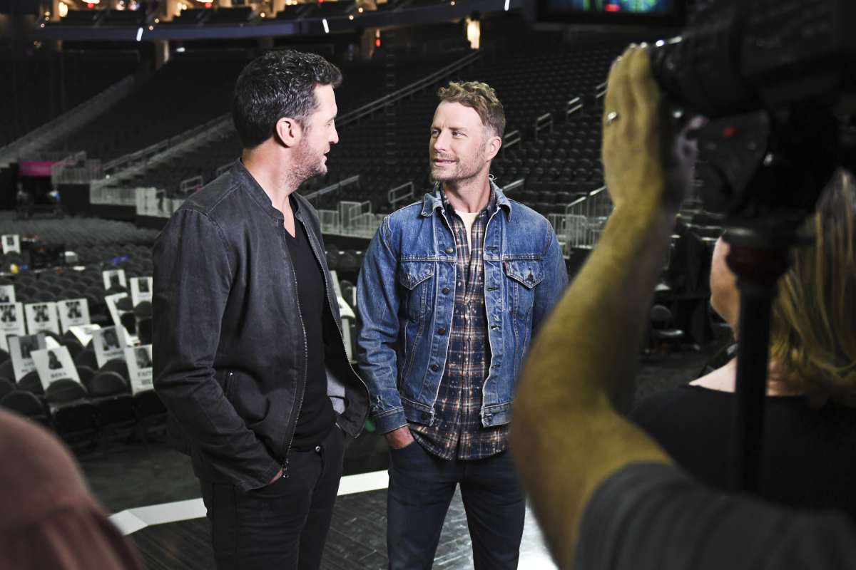 Dierks Bentley and Luke Bryan are seen on camera during rehearsals for THE 52ND ACADEMY OF COUNTRY MUSIC AWARDS®, scheduled to air LIVE from T-Mobile Arena in Las Vegas Sunday, April 2 (live 8:00-11:00 PM, ET/delayed PT) on the CBS Television Network. Photo: Michele Crowe/CBS ©2017 CBS Broadcasting, Inc. All Rights Reserved