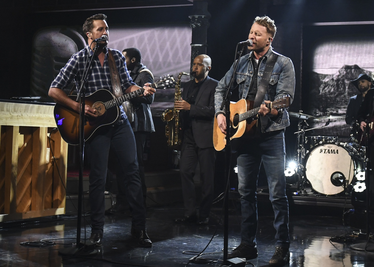 The Late Show with Stephen Colbert. Interviews with Emma Roberts and Ken Jeong, plus interview with and musical performance by Luke Bryan & Dierks Bentley, hosts of the 52nd Academy of Country Music Awards on CBS on Wednesday's taping, March 29th, 2017 in New York. Pictured: Musical Performance by Luke Bryan, Dierks Bentley and Stay Human. Photo: Michele Crowe/CBS ©2017 CBS Broadcasting Inc. All Rights Reserved