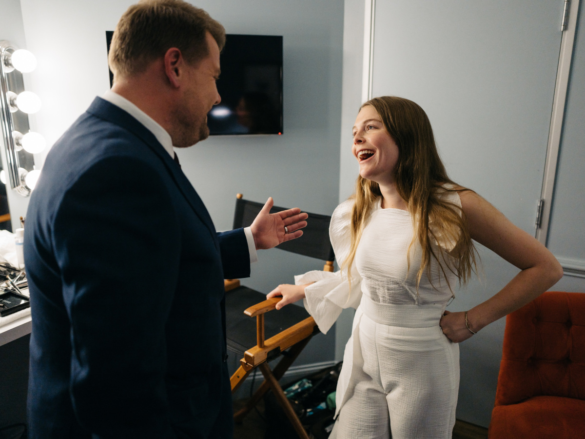 The Late Late Show with James Corden airing Wednesday, March 22, 2017, with guests Judy Greer, Josh Gad, and Maggie Rogers. Pictured: James Corden and Maggie Rogers. Photo: Terence Patrick/CBS ©2017 CBS Broadcasting, Inc. All Rights Reserved