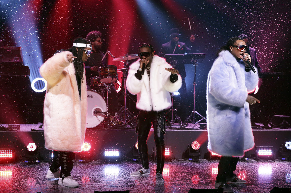 THE TONIGHT SHOW STARRING JIMMY FALLON -- Episode 0645 -- Pictured: Musical guest Migos perform on March 23, 2017 -- (Photo by: Andrew Lipovsky/NBC)