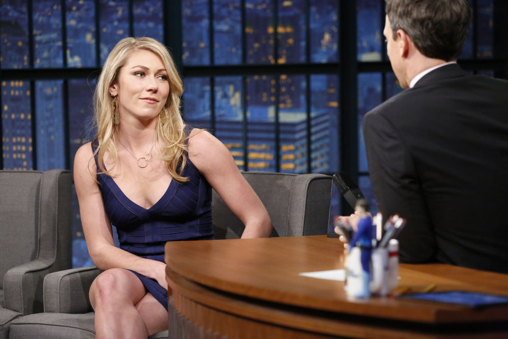 LATE NIGHT WITH SETH MEYERS -- Episode 511 -- Pictured: (l-r) Olympic skier, Mikaela Shiffrin during an interview with host Seth Meyers on March 29, 2017 -- (Photo by: Lloyd Bishop/NBC)