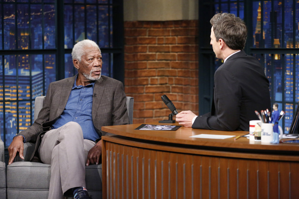LATE NIGHT WITH SETH MEYERS -- Episode 511 -- Pictured: (l-r) Actor Morgan Freeman during an interview with host Seth Meyers on March 29, 2017 -- (Photo by: Lloyd Bishop/NBC)