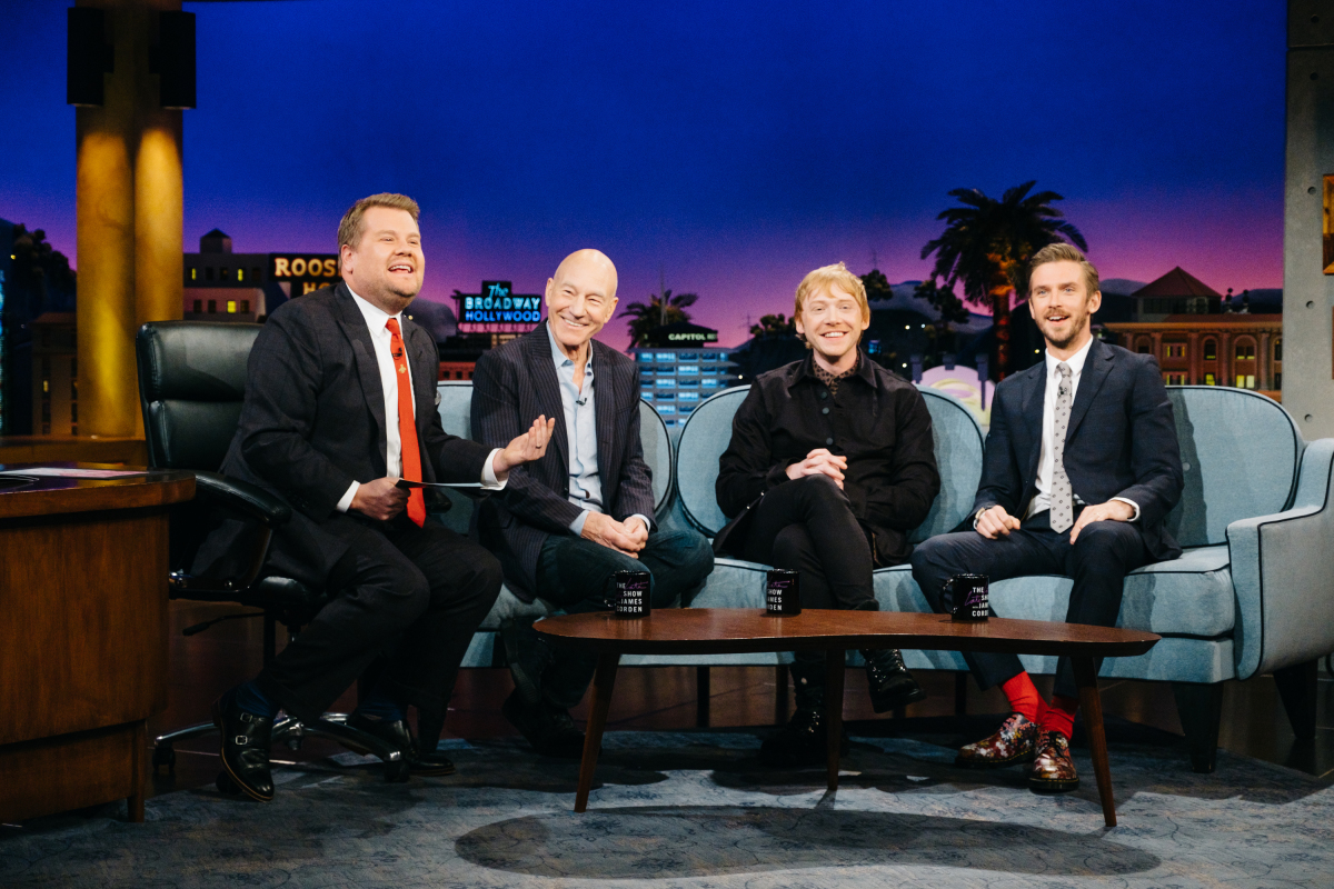 Patrick Stewart, Rupert Grint, and Dan Stevens chat with James Corden during "The Late Late Show with James Corden," Monday, March 6, 2017 (12:35 PM-1:37 AM ET/PT) On The CBS Television Network. Photo: Terence Patrick/CBS ©2017 CBS Broadcasting, Inc. All Rights Reserved