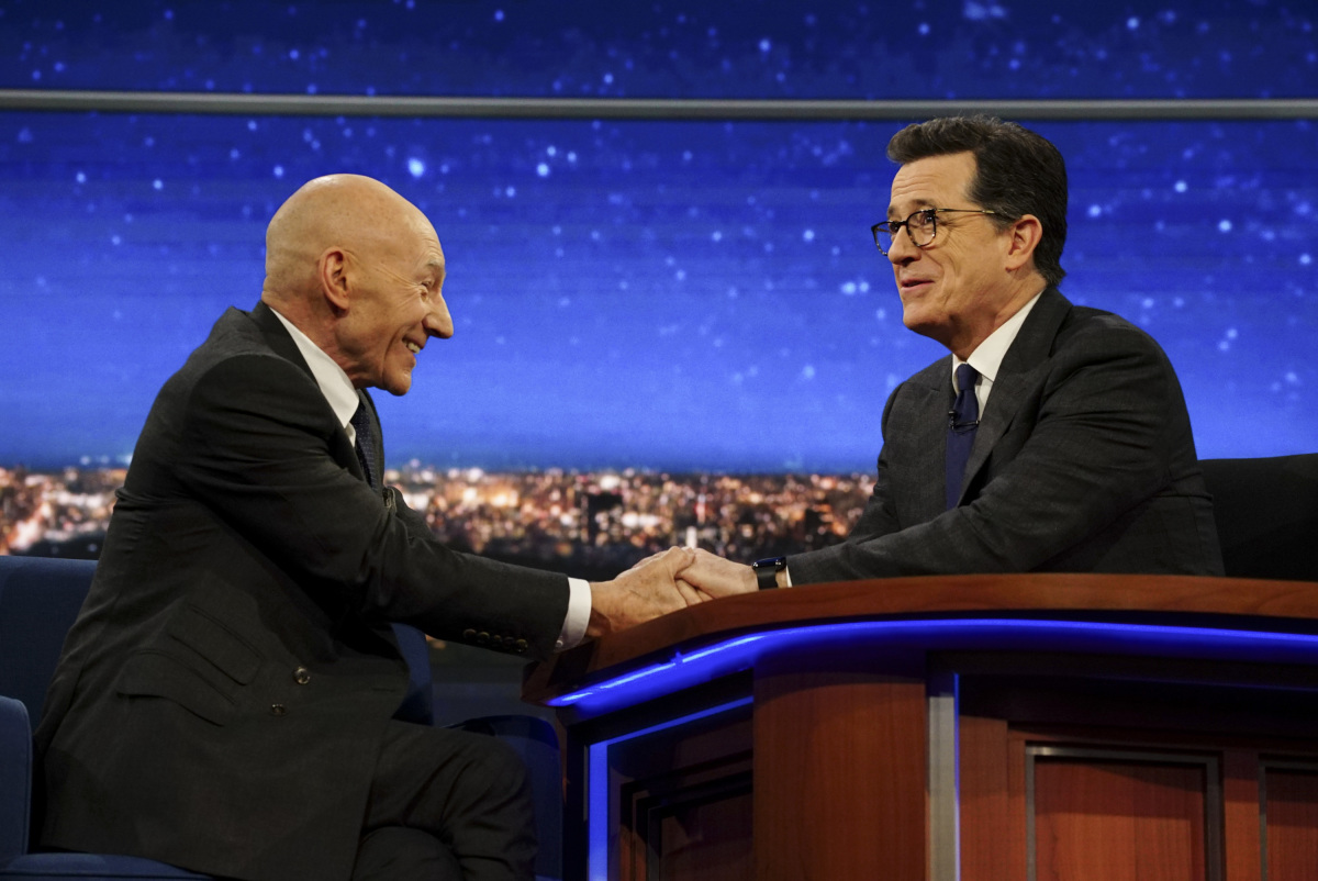 The Late Show with Stephen Colbert airing Wednesday, March 1, 2017 with Patrick Stewart, Chris Colfer and Roy Wood Jr. Pictured L-R: Patrick Stewart and Stephen Colbert. Photo: Gail Schulman/CBS ©2017 CBS Broadcasting Inc. All Rights Reserved